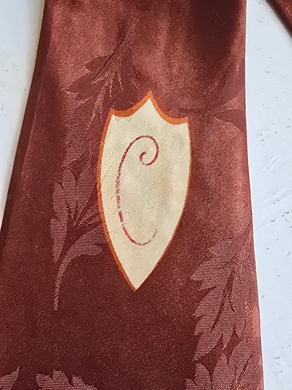 VTG Wide Swing Tie Rust Brown Burnt Orange Jacquard Leaf Shield Monogram C 52"